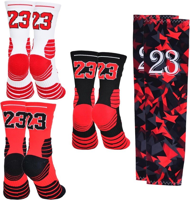 Popuid Youth Boys Basketball Crew Socks with Arm Sleeves, Lucky Number Thickened Sports Socks for Kids Team Uniform Gifts - Image 1